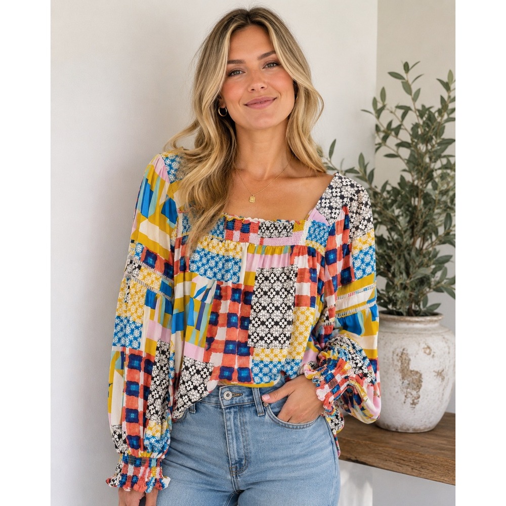 Fate Patchwork Print Smocked Square Neck Blouse Balloon Sleeve Multi Color Med